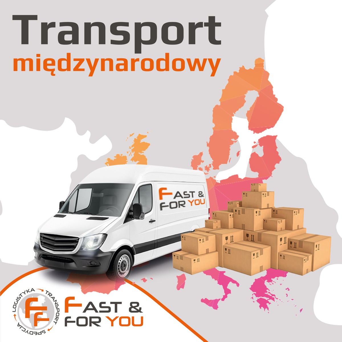 Grafika reklamowa przedstawiająca biały van z logo firmy transportowej na tle mapy Europy w odcieniach pomarańczy i różu, obok stos kartonowych pudeł.