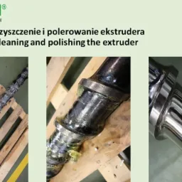 Trzy ujęcia śruby ekstrudera przed, w trakcie i po procesie czyszczenia. Pierwsze ujęcie przedstawia brudną śrubę na drewnianej palecie. Drugie ujęcie pokazuje fragment śruby z widocznymi...