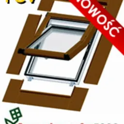 Okno dachowe uchylne, brązowe, z widocznym logo producenta Avantgarde 5000 i naklejką 'Nowość', prezentowane na białym tle.