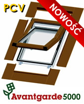 Okno dachowe uchylne, brązowe, z widocznym logo producenta Avantgarde 5000 i naklejką 'Nowość', prezentowane na białym tle.