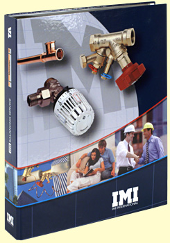 Segregator reklamowy z grafiką przedstawiającą zawory i armaturę, poniżej ilustracja przedstawiająca uścisk dłoni w biurze, logo firmy IMI International.