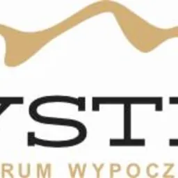 Logo 'Bystre Centrum Wypoczynku' z abstrakcyjnym symbolem gór w kolorze piaskowym nad nazwą.