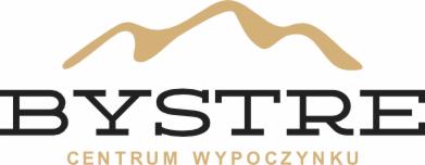 Logo 'Bystre Centrum Wypoczynku' z abstrakcyjnym symbolem gór w kolorze piaskowym nad nazwą.