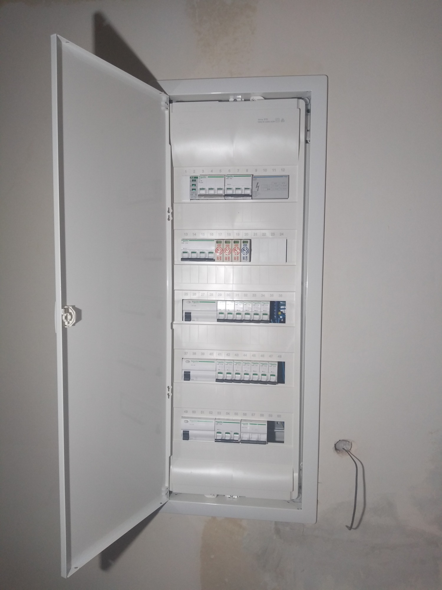 Otwarta, biała skrzynka rozdzielcza z bezpiecznikami i wyłącznikami zamontowana na surowej, szarej ścianie w trakcie remontu, z wystającymi przewodami.