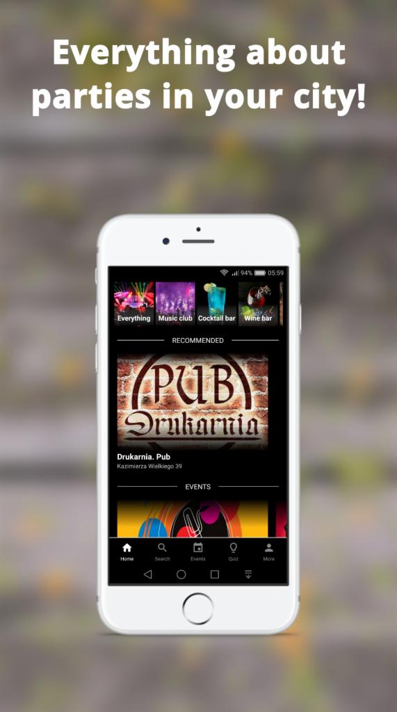 Ekran smartfona prezentujący aplikację do wyszukiwania wydarzeń i lokali rozrywkowych, z rekomendacją pubu 'Drukarnia' oraz zakładkami 'Home', 'Search', 'Events', 'Quiz'.