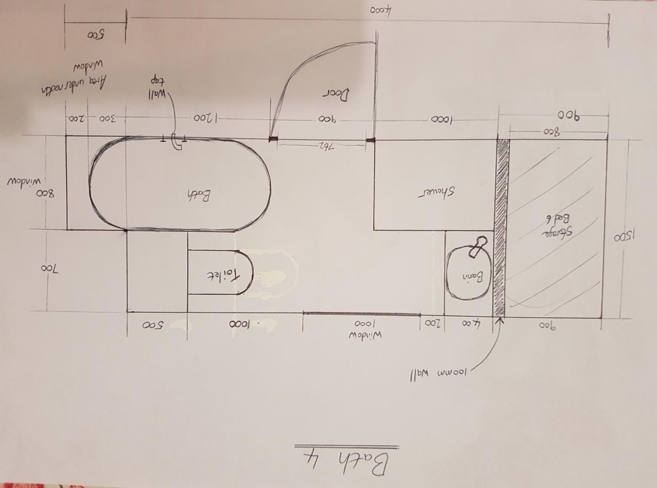Szkic odręczny planu łazienki z wymiarami w Sandomierzu, przedstawiający rozmieszczenie wanny, toalety, prysznica i umywalki.