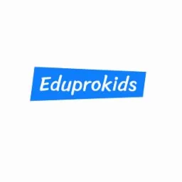 Logo Eduprokids na niebieskim, ukośnym prostokącie z białym napisem na białym tle.
