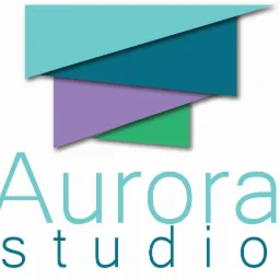 Logo firmy Aurora Studio z abstrakcyjnym motywem kolorowych, nakładających się na siebie trapezów w odcieniach turkusu, fioletu i zieleni.