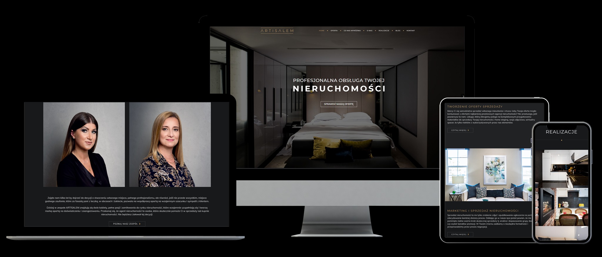 Responsywna strona internetowa agencji nieruchomości Artisalem wyświetlana na monitorze, tablecie i smartfonie, prezentująca profesjonalną obsługę nieruchomości oraz realizacje.