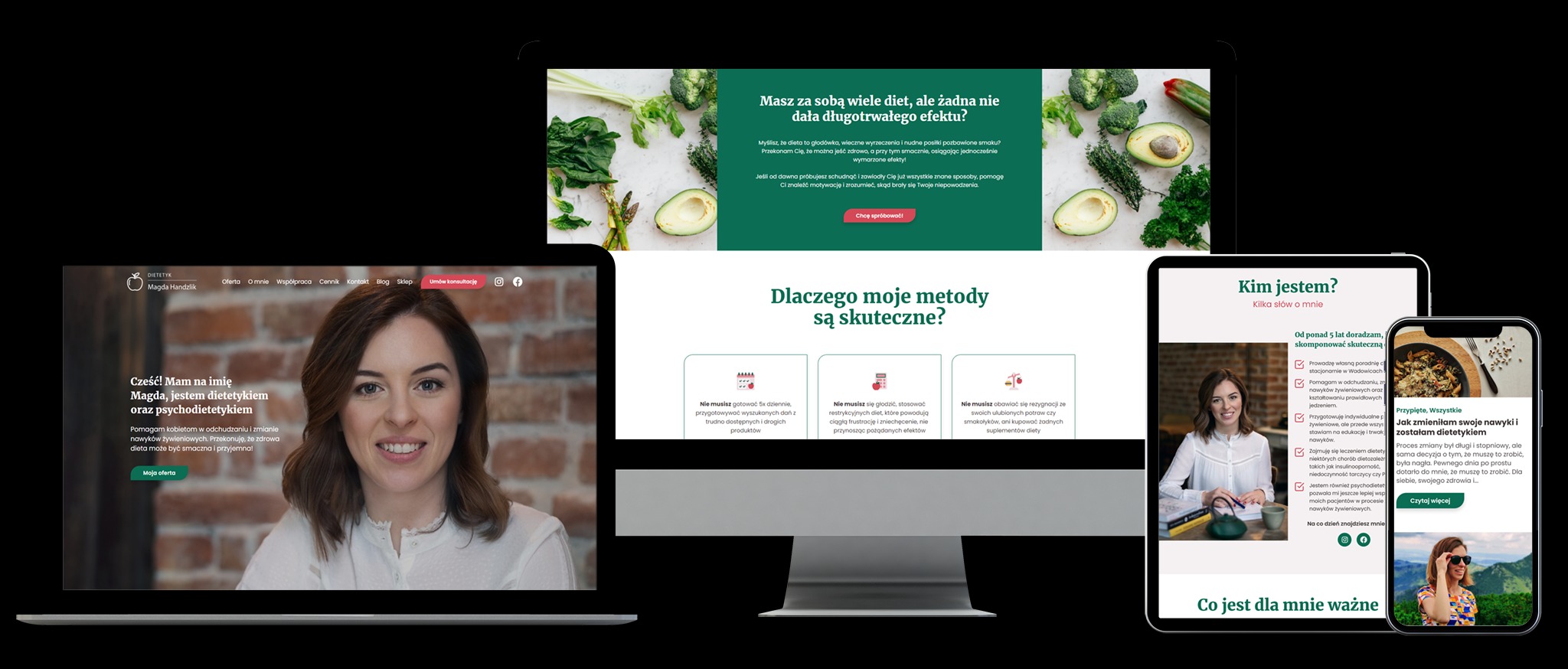 Responsywna strona internetowa dietetyka na laptopie, tablecie i smartfonie, prezentująca ofertę, metody i informacje o dietetyku, z zielonym motywem kolorystycznym i zdjęciami zdrowej żywności.