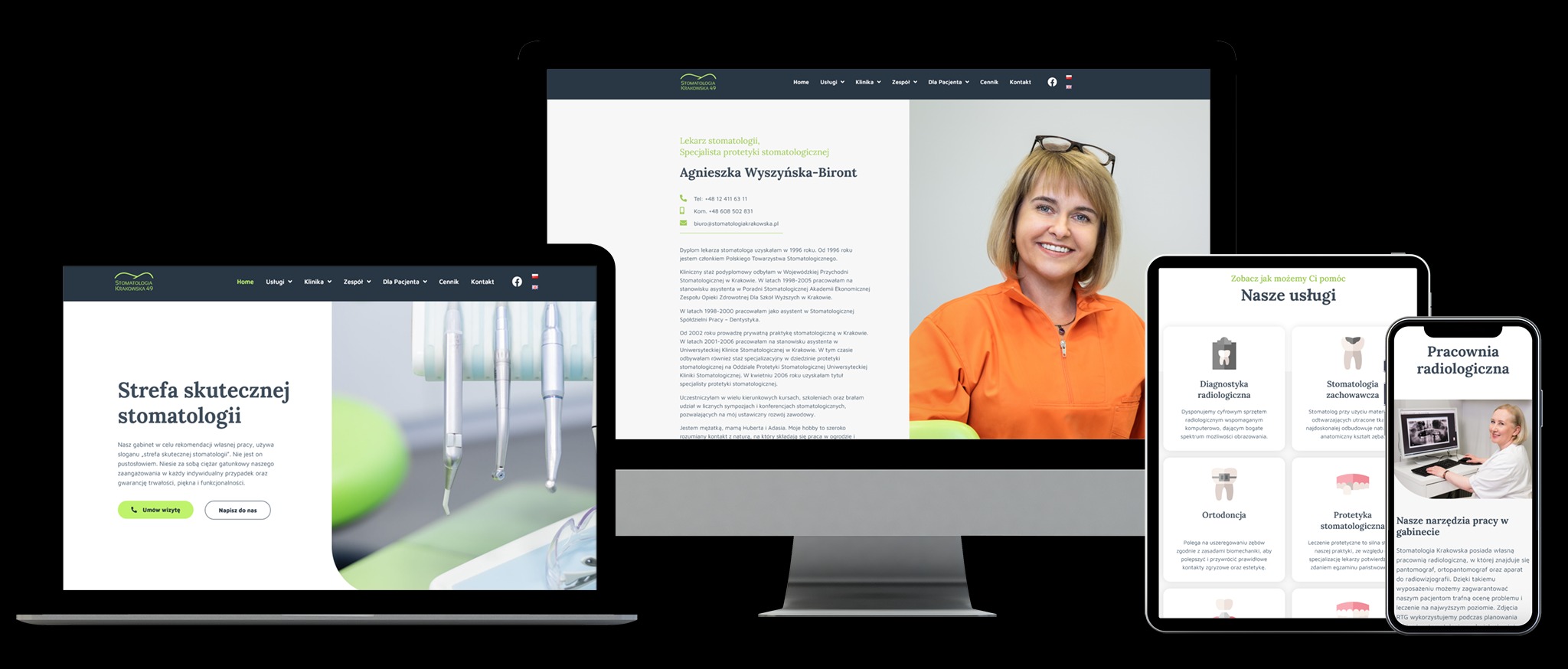 Responsywna strona internetowa stomatologa na laptopie, tablecie i smartfonie, prezentująca ofertę usług, w tym diagnostykę radiologiczną i protetykę stomatologiczną.