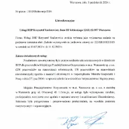 Skan listu referencyjnego od Miejskiego Przedsiębiorstwa Oczyszczania w Warszawie dla firmy Usługi BHP Krzysztof Szafarowicz, potwierdzający przeprowadzenie szkoleń BHP dla pracowników w roku 2023.