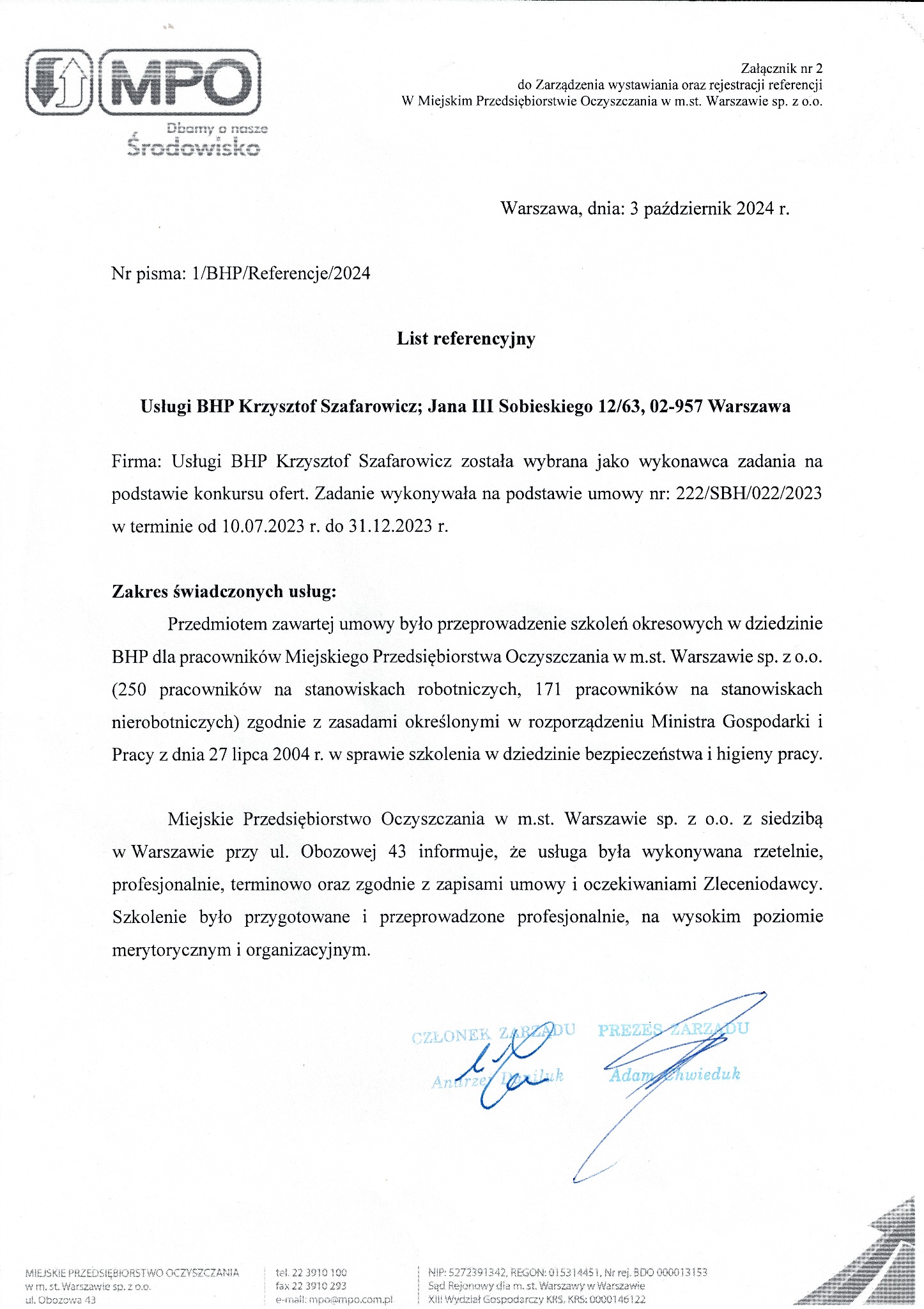 Skan listu referencyjnego od Miejskiego Przedsiębiorstwa Oczyszczania w Warszawie dla firmy Usługi BHP Krzysztof Szafarowicz, potwierdzający przeprowadzenie szkoleń BHP dla pracowników w roku 2023.