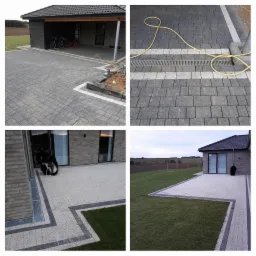 Cztery ujęcia z realizacji: podjazd z szarej kostki brukowej z białymi obrzeżami, kratka odpływowa z żółtym wężem ogrodowym, taras z jasnego kruszywa z ciemną obwódką i kratką odpływową, trawnik...