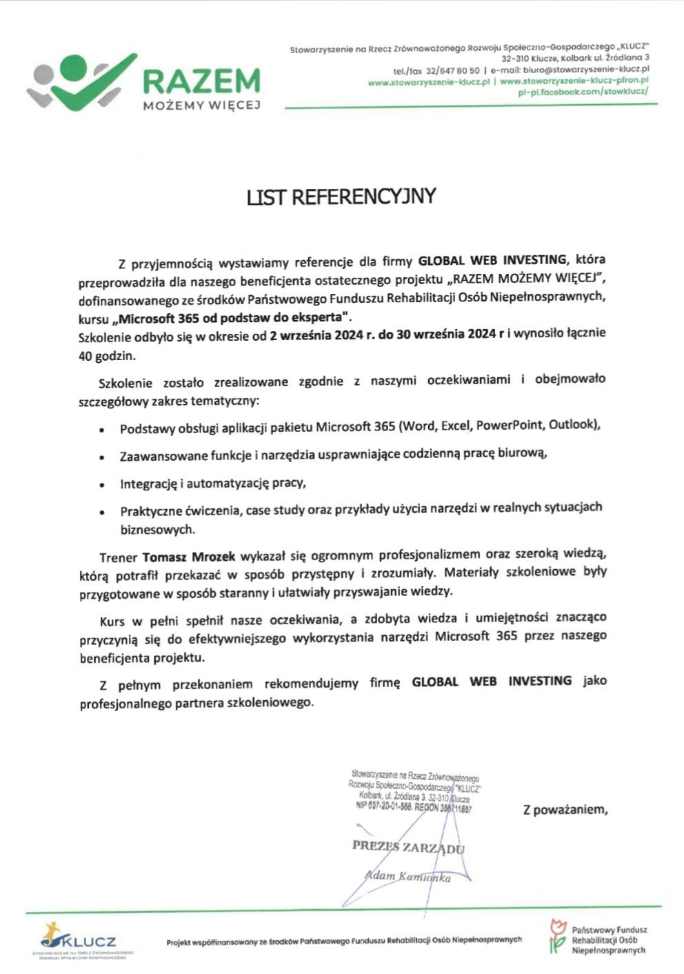 Skan listu referencyjnego dla firmy Global Web Investing, potwierdzający przeprowadzenie kursu Microsoft 365 dla beneficjentów projektu 'Razem Możemy Więcej', z podpisem Prezesa Zarządu Adama...