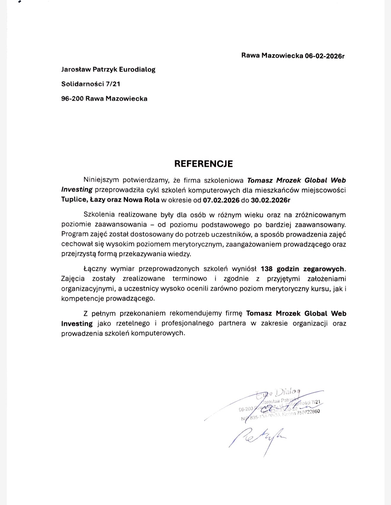 Referencje za szkolenie stacjonarne w Województwie lubuskim.