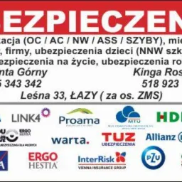 Szyld reklamowy agencji ubezpieczeniowej z logotypami różnych towarzystw ubezpieczeniowych, numerami telefonów i adresem, oferującej ubezpieczenia komunikacyjne, domów, firm i na życie.