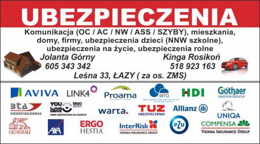 Szyld reklamowy agencji ubezpieczeniowej z logotypami różnych towarzystw ubezpieczeniowych, numerami telefonów i adresem, oferującej ubezpieczenia komunikacyjne, domów, firm i na życie.