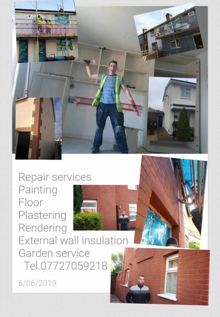 Montaż kompilacji zdjęć przedstawiających prace budowlane, w tym ocieplanie elewacji, z uśmiechniętym pracownikiem w środku