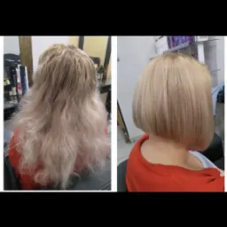 Kolaż przedstawiający włosy blond przed i po strzyżeniu na boba, widok z tyłu, włosy po koloryzacji i stylizacji.