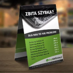 Reklama punktu naprawy telefonów z uszkodzonym ekranem, prezentująca cennik napraw różnych modeli Samsung Galaxy.