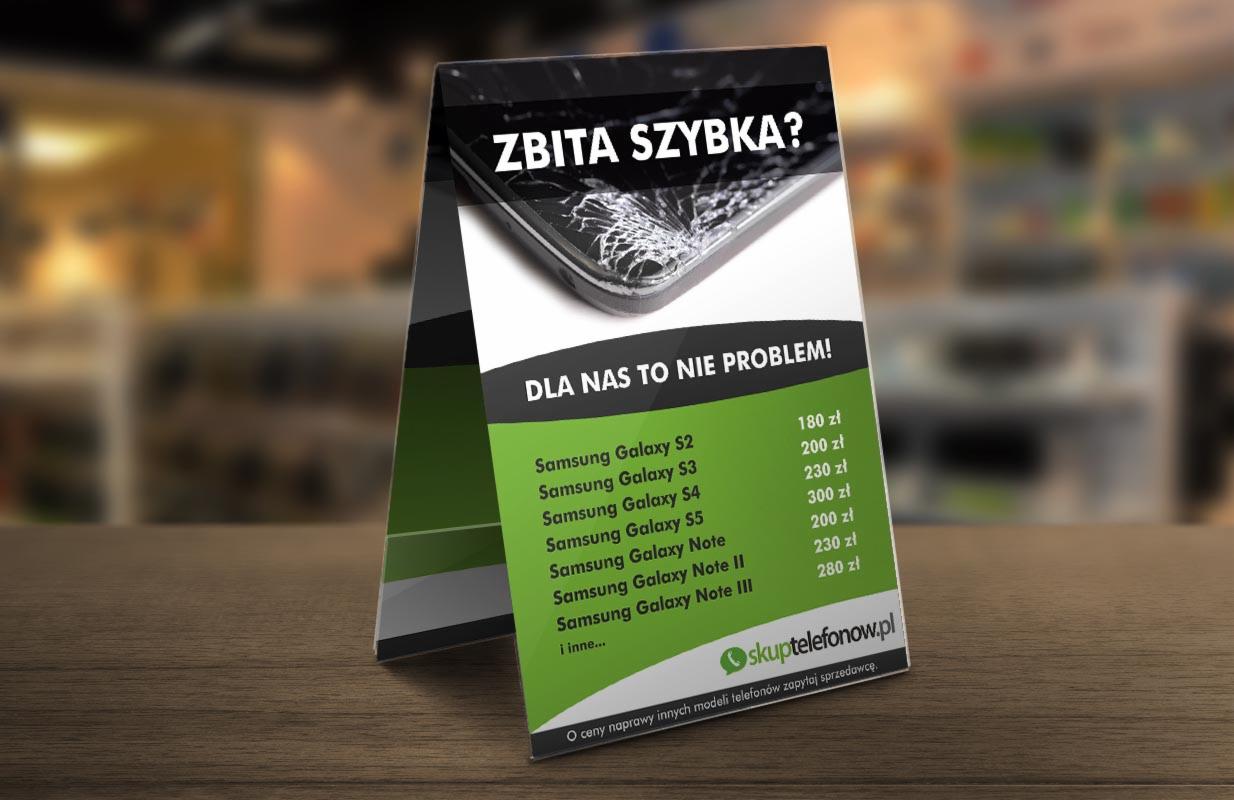 Reklama punktu naprawy telefonów z uszkodzonym ekranem, prezentująca cennik napraw różnych modeli Samsung Galaxy.