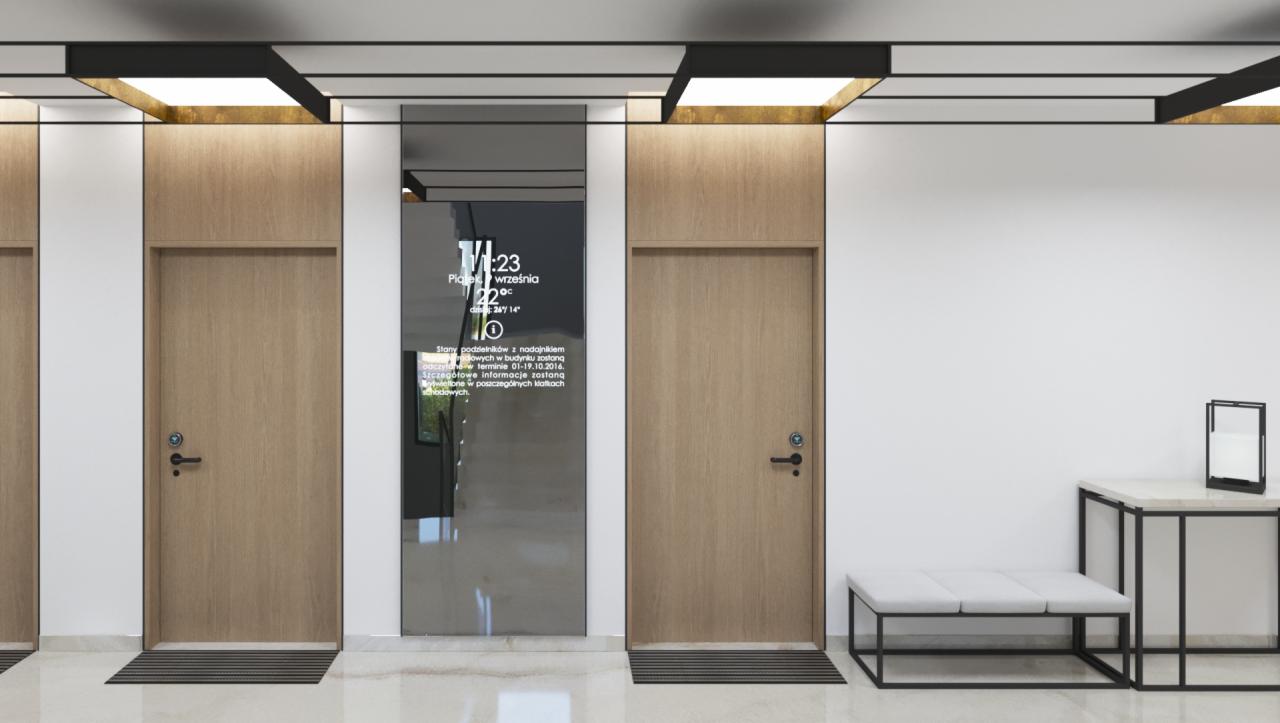 Wizualizacja wnętrza korytarza z trzema drewnianymi drzwiami, podświetlanym sufitem, dywanikami przed drzwiami, panelem informacyjnym na ścianie, ławką i stolikiem z dekoracją.