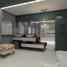 ACH-projekt - Wizualizacja nowoczesnej łazienki z podwójną umywalką, wiszącą toaletą, pufą w kwiaty i dekoracyjnym oświetleniem.