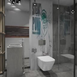 ACH-projekt - Wizualizacja nowoczesnej łazienki z kabiną prysznicową oddzieloną szklaną ścianą, betonową umywalką z dwoma kranami, białą toaletą podwieszaną i półką z drewnianymi elementami, na ścianie grafika...