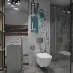 Wizualizacja nowoczesnej łazienki z kabiną prysznicową oddzieloną szklaną ścianą, betonową umywalką z dwoma kranami, białą toaletą podwieszaną i półką z drewnianymi elementami, na ścianie grafika...