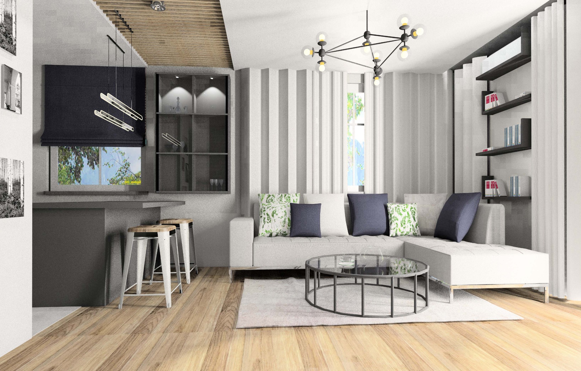 Nowoczesny salon z szarą sofą narożną, okrągłym szklanym stolikiem kawowym, drewnianą podłogą i czarnymi akcentami w postaci regałów i blatu barowego z hokerami.