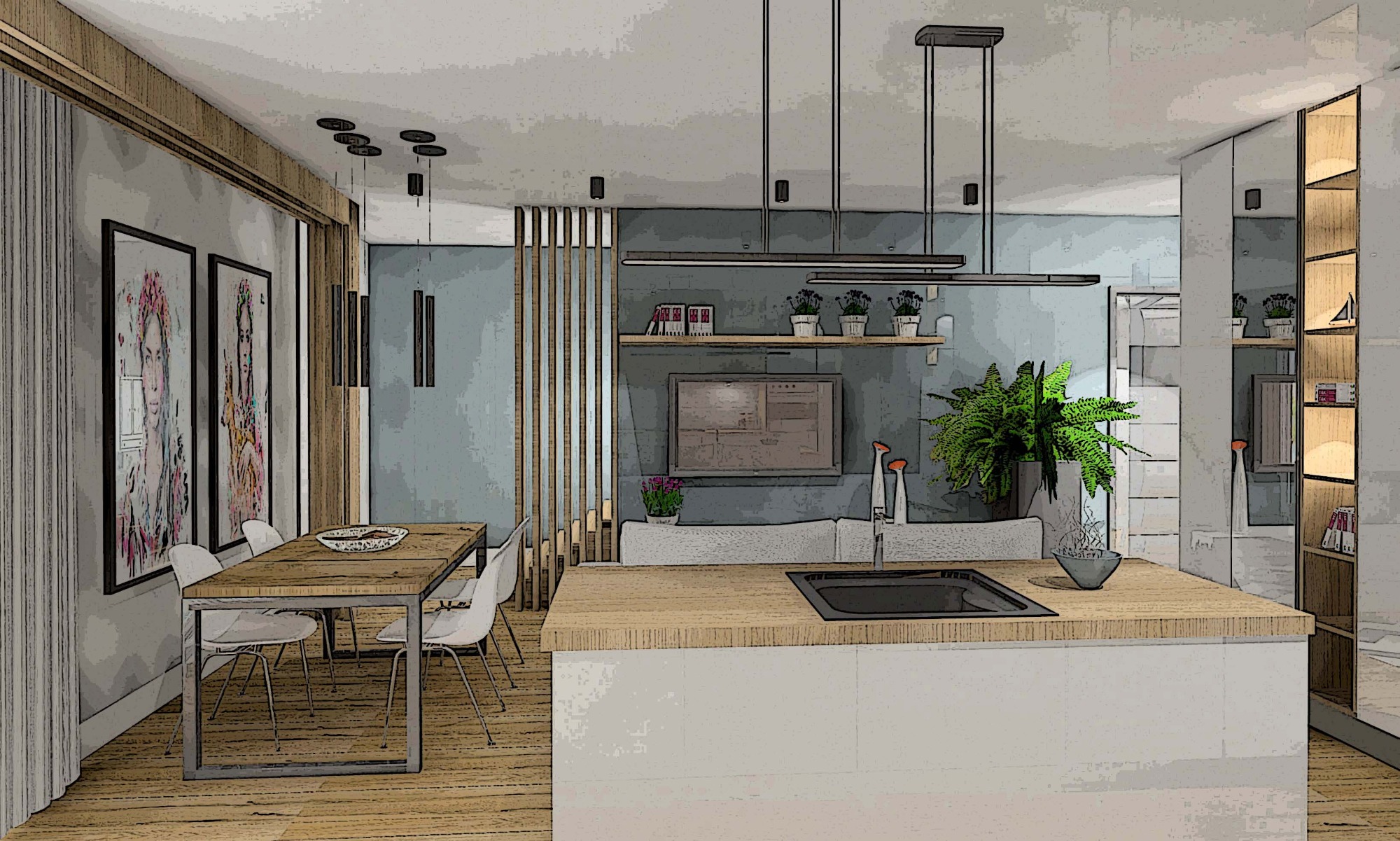 Wizualizacja przestronnego wnętrza z otwartą kuchnią, jadalnią i salonem w stonowanych kolorach, z drewnianymi akcentami i nowoczesnym oświetleniem.