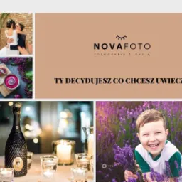 Kolaż zdjęć reklamowych fotografa: para młoda w objęciach, deska z przekąskami, butelka szampana ze świecami i uśmiechnięty chłopiec w lawendowym polu, logo NovaFoto.
