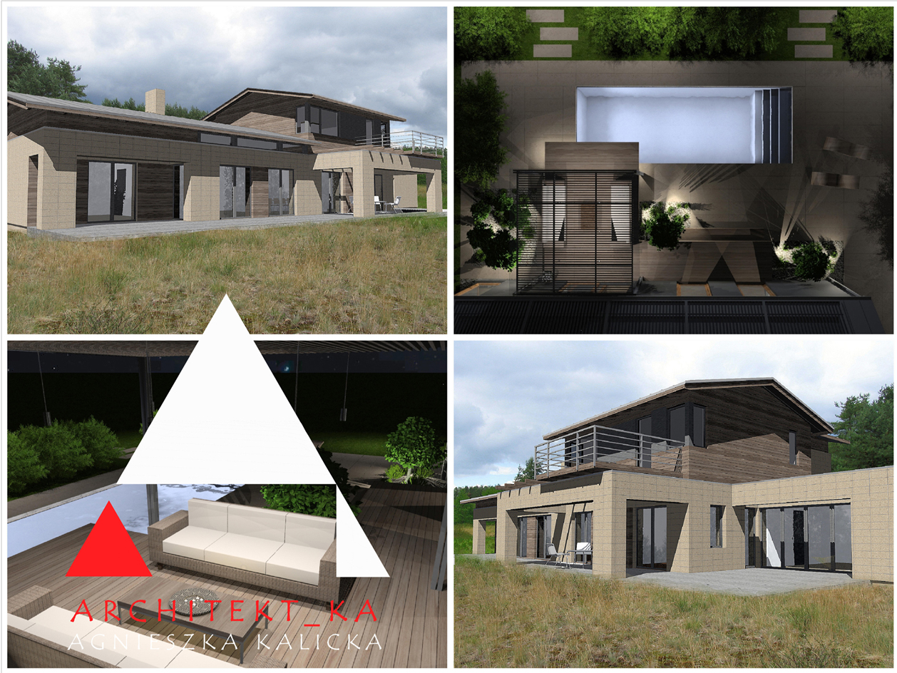 Wizualizacja domu z ogrodem i basenem, widok z boku i z góry, z uwzględnieniem oświetlenia nocnego i dziennego, z naniesionym logo firmy projektowej w dolnej części.