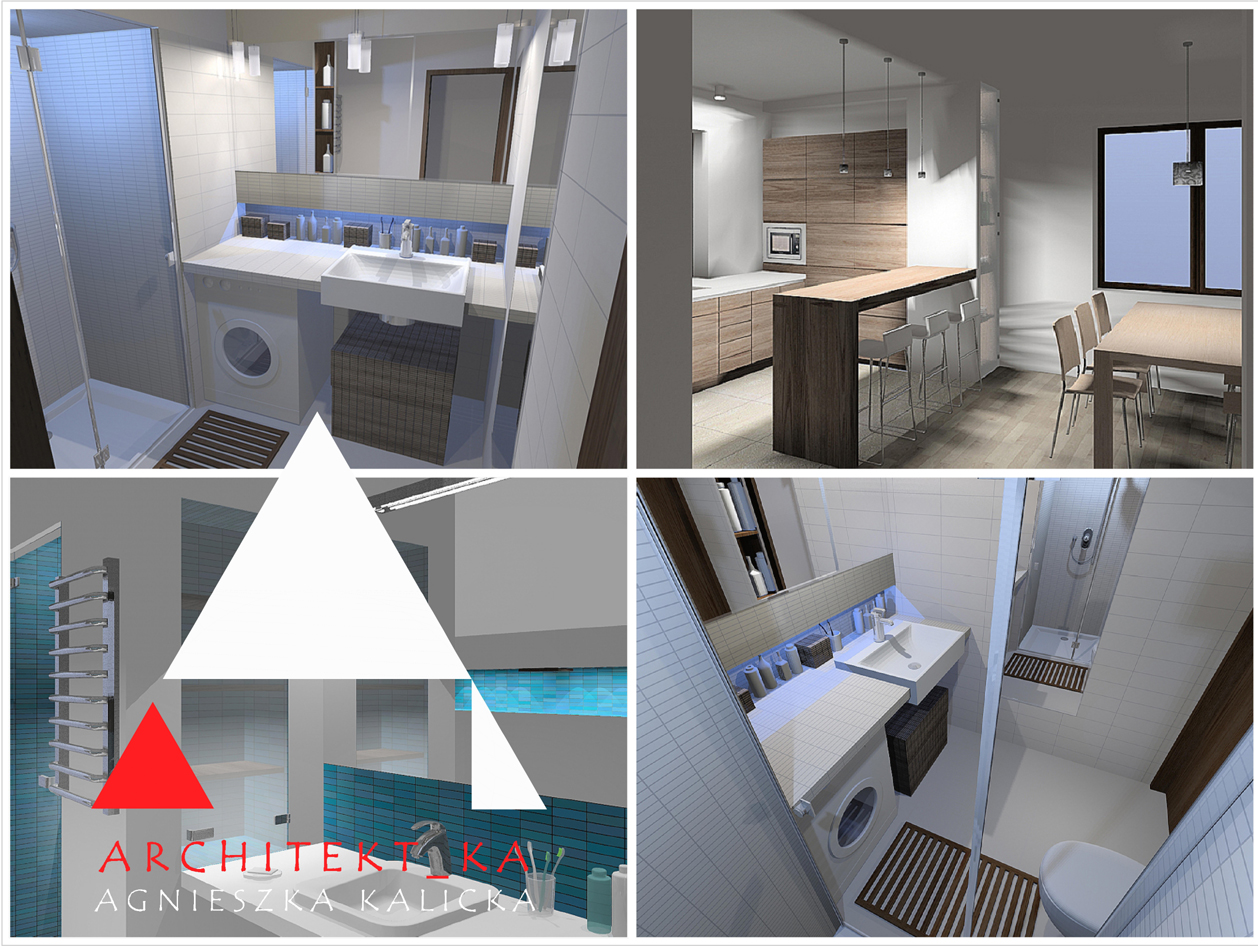 Wizualizacja wnętrz: łazienka z pralką i kabiną prysznicową, kuchnia z barkiem i stołem jadalnym, oraz fragment łazienki z turkusowymi płytkami i logo firmy projektowej.