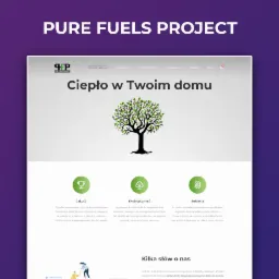 Strona gł&oacute;wna witryny Pure Fuels Project z nagł&oacute;wkiem 'Ciepło w Twoim domu' oraz sekcjami opisującymi jakość, ekologiczność i selekcję paliw.