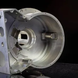 Precyzyjnie wykonana metalowa obudowa z licznymi otworami i frezowaniami, ukazująca zaawansowaną obróbkę skrawaniem na czarnym tle.