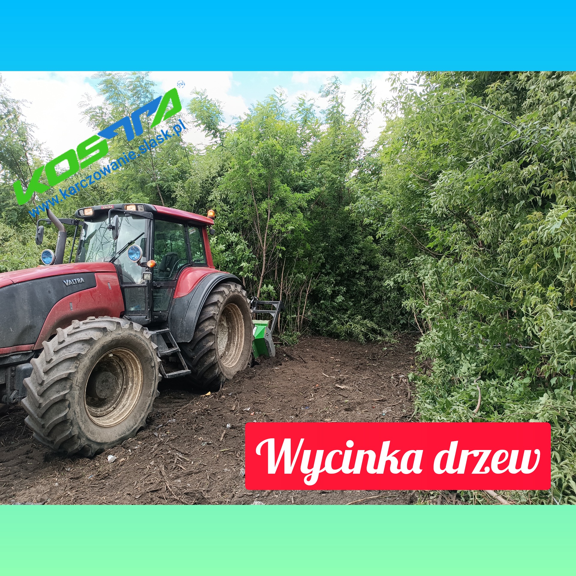 Czerwony traktor Valtra z mulczerem leśnym na błotnistym terenie po wycince drzew, z widocznymi ściętymi krzewami i drzewami w tle.
