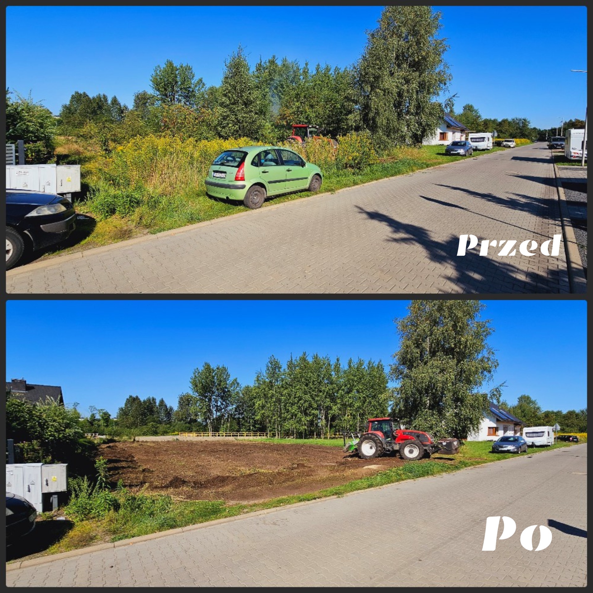 Zdjęcie 'przed' i 'po' przedstawiające teren przed domem: na górnym zdjęciu zarośnięta działka z zielonym samochodem i traktorem w tle, na dolnym zdjęciu działka wyrównana i przygotowana...