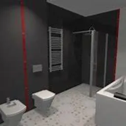 Ciemnoszara łazienka z białą armaturą, kabiną prysznicową i grzejnikiem drabinkowym. Czerwony akcent w postaci pionowej linii na ścianie. Na podłodze wzorzyste płytki.