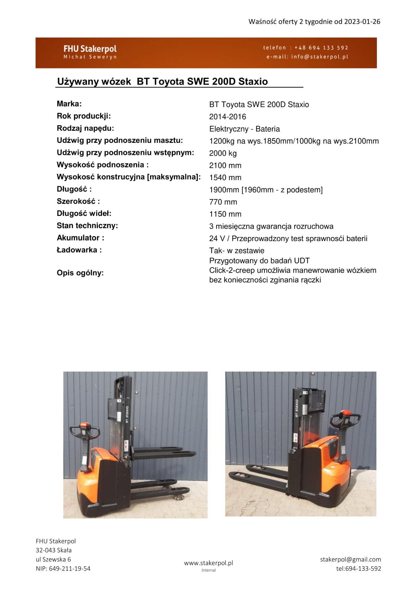 Elektryczny wózek paletowy BT Toyota SWE 200D Staxio, używany, z widocznymi parametrami technicznymi i opisem ogólnym, na tle szarej ściany.