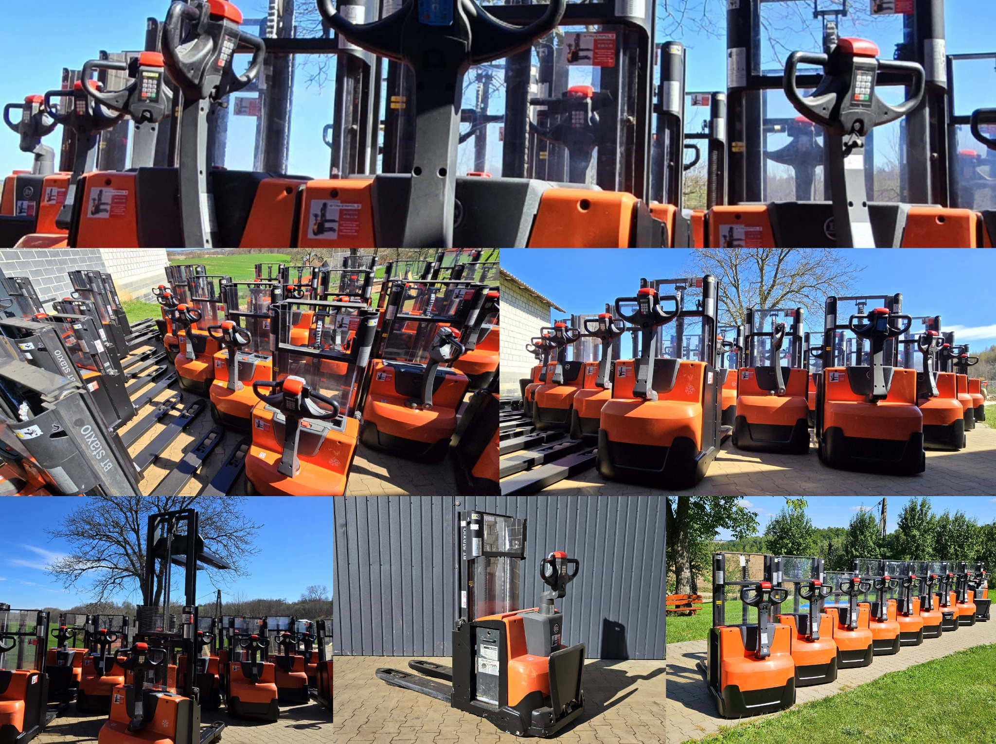 Skompilowany widok wielu ujęć pomarańczowo-czarnych wózków paletowych elektrycznych na zewnątrz w różnych ustawieniach, niektóre ustawione w rzędach na kostce brukowej lub trawie, inne obok...