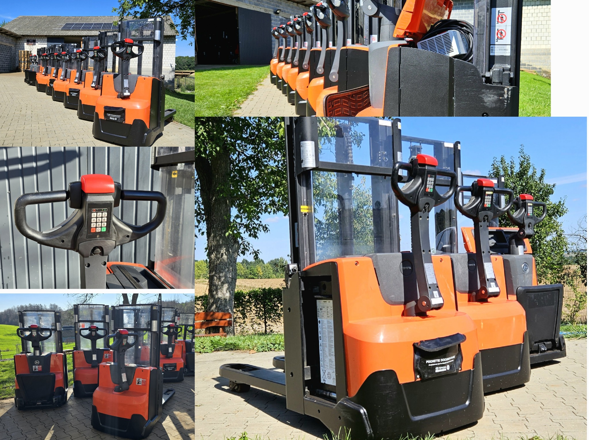 Rząd pomarańczowo-czarnych wózków paletowych elektrycznych Toyota na zewnątrz, z widocznymi panelami sterowania i bateriami, ustawionych na brukowanym placu przed magazynem z panelami słonecznymi...