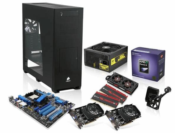 Komponenty komputera stacjonarnego: obudowa Corsair z oknem, płyta główna z niebieskimi slotami, dwie karty graficzne, zasilacz 950W, pamięć RAM z czerwonymi akcentami, chłodzenie procesora...