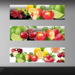 Grafika reklamowa z motywem owoców: jabłka, cytryny, limonki, truskawki, maliny, wiśnie i jeżyny, ułożone w trzy poziome pasy na białym tle, z logo 'Studio reklamy Trzy Słowa' w lewym dolnym rogu.