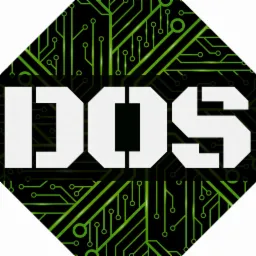 Grafika z napisem DOS na tle schematu płyty głównej w kształcie ośmiokąta.