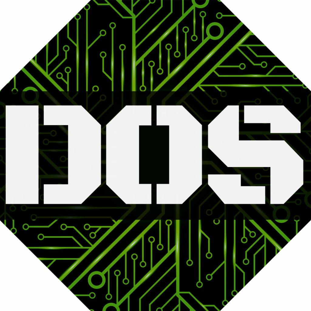 Grafika z napisem DOS na tle schematu płyty głównej w kształcie ośmiokąta.
