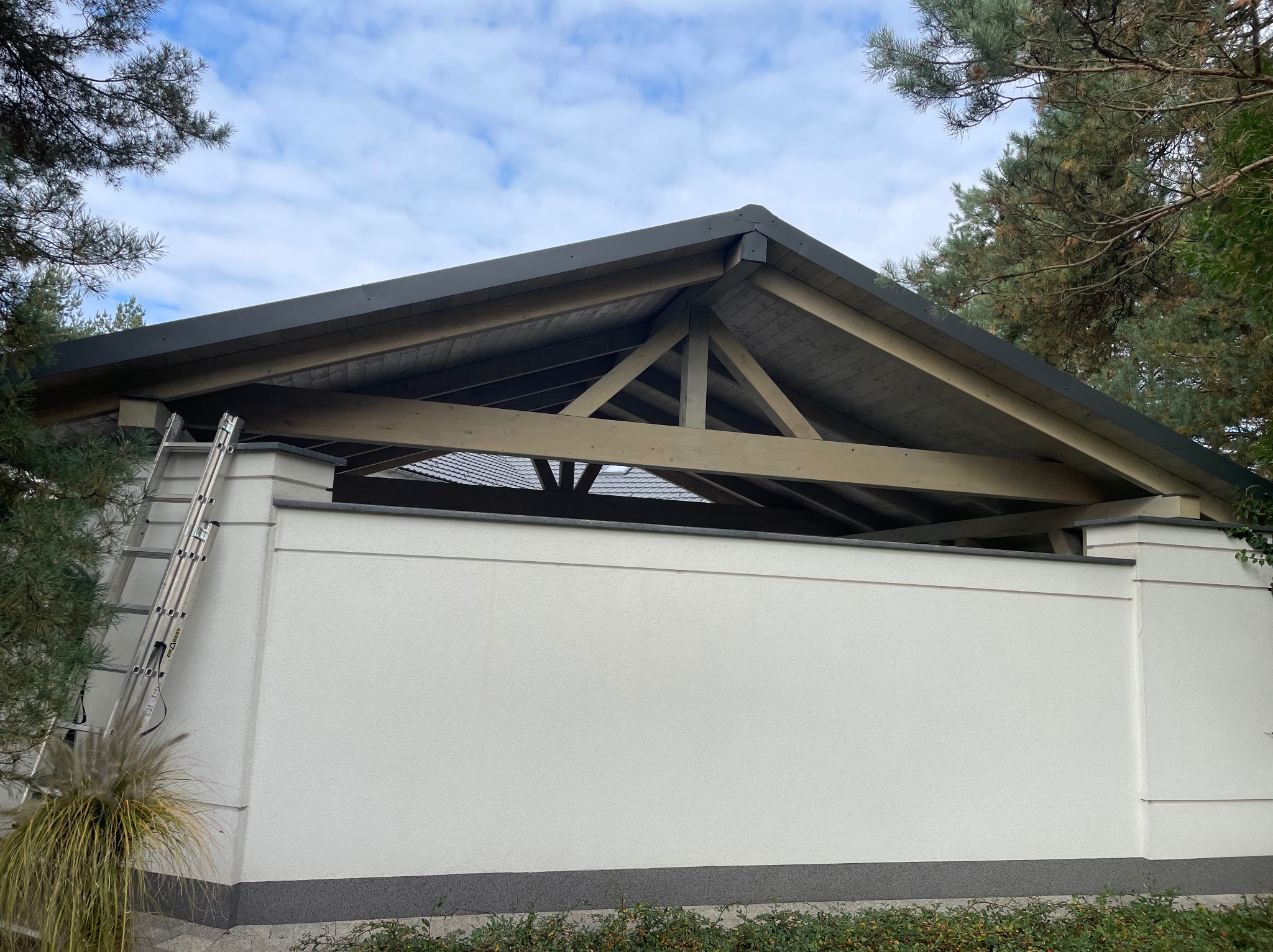 Konstrukcja zadaszenia z drewnianą więźbą i drabina oparta o białą ścianę. Widok z dołu, drzewa w tle.