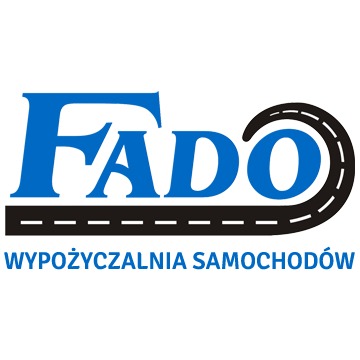 Niebieskie logo firmy FADO z motywem drogi i napisem WYPOŻYCZALNIA SAMOCHODÓW poniżej.