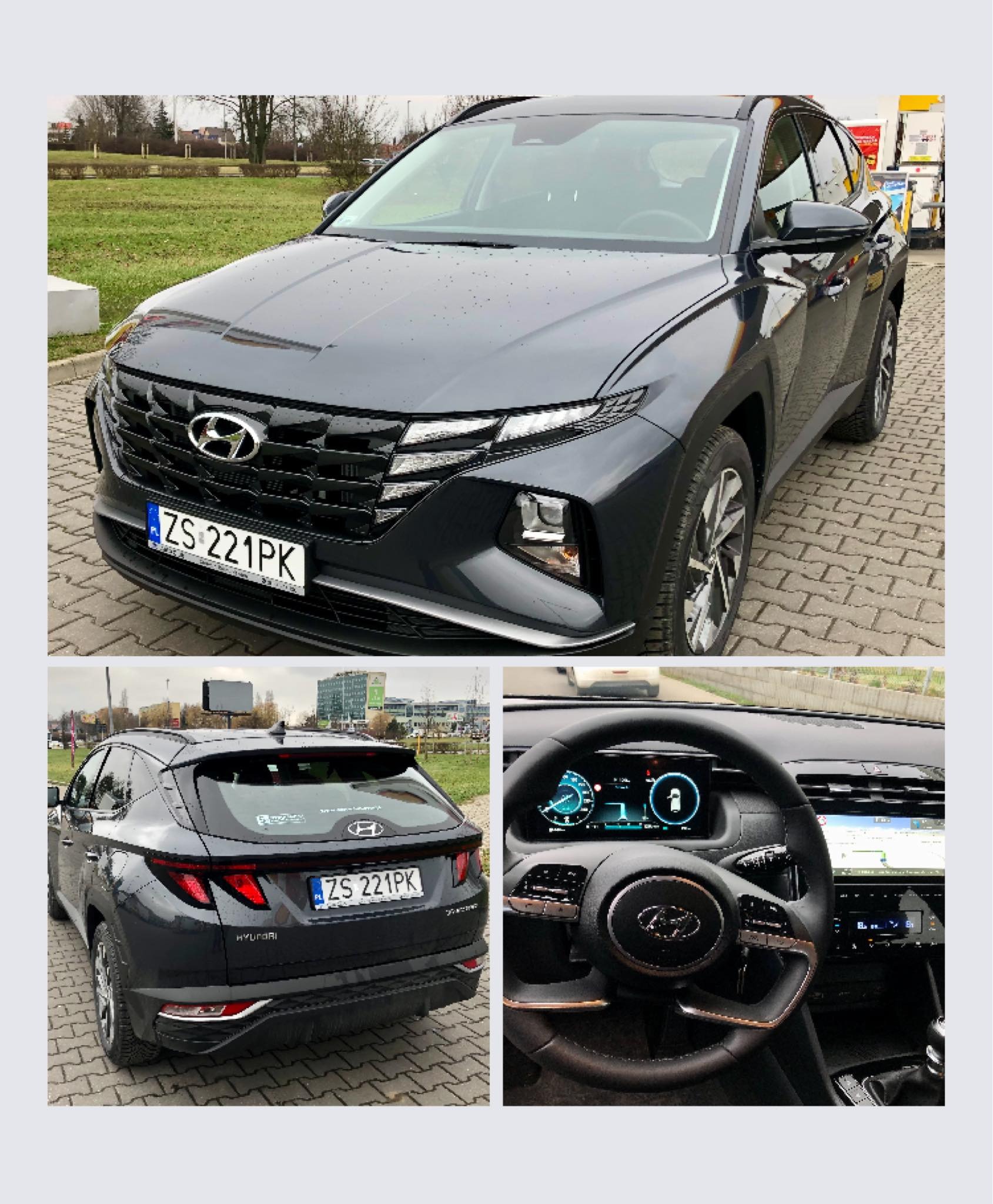 Szary Hyundai Tucson z widoczną tablicą rejestracyjną ZS 221PK, prezentowany z przodu, tyłu oraz wnętrza z kierownicą i deską rozdzielczą.